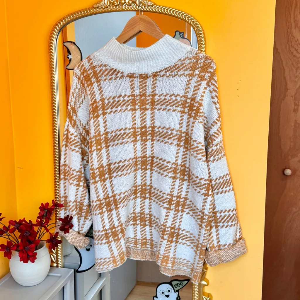 🎅 3/$15 SALE A.N.A White and Mustard Plaid Cowl Neck Oversized Knit Sweater L - Image 2