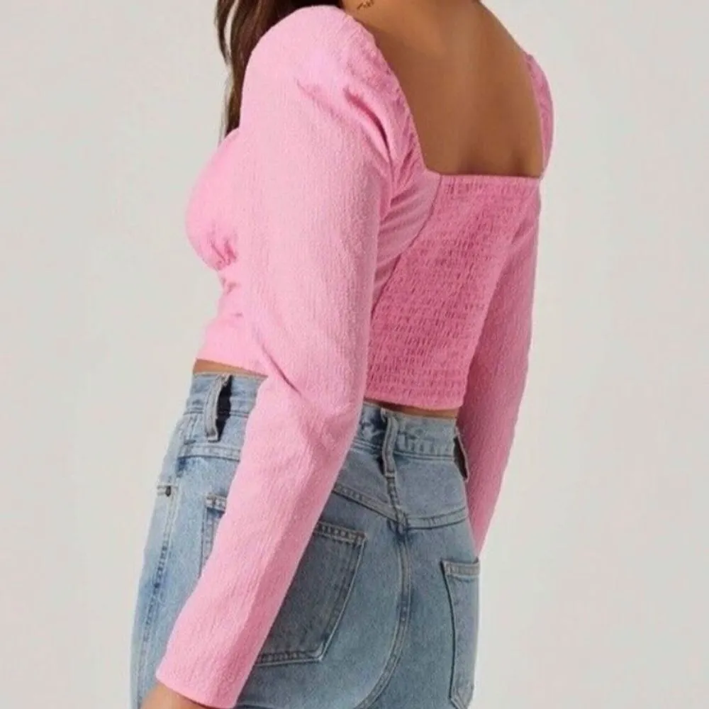 ASTR The Label Pink Sweetheart Small Crop Top Long Lantern Sleeve Shirred Bodice - Image 15