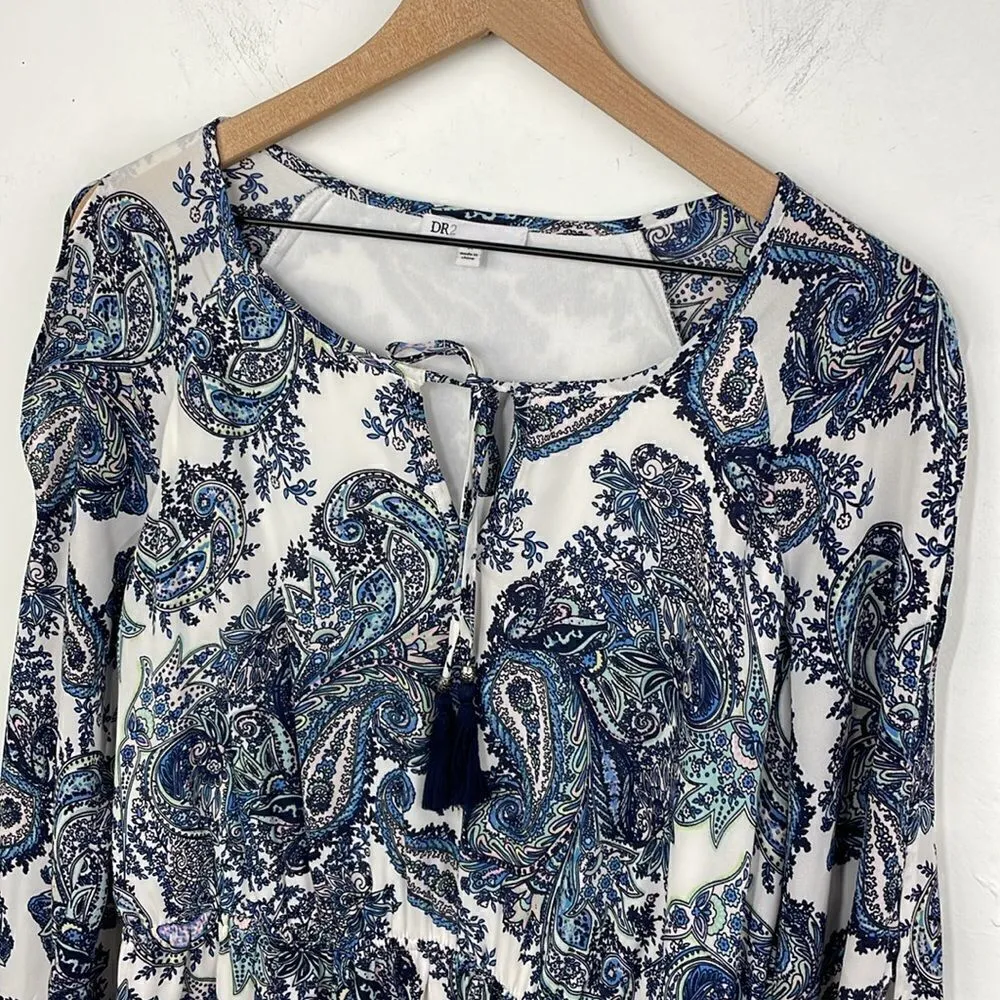 DR2 Shift Dress Paisley Print front tussles split sleeves size Medium Blue - Image 4