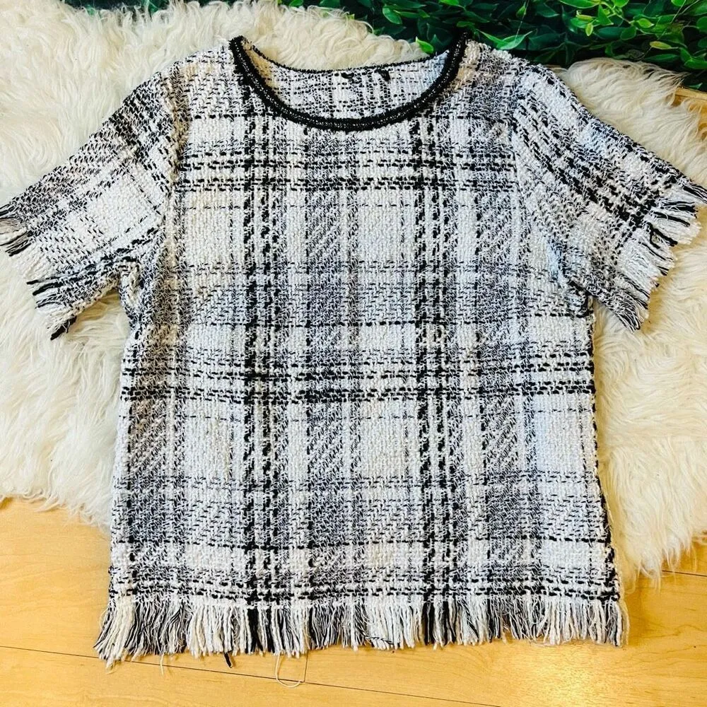 BLACK WHITE AID PATCHWORK STITCH TOP SIZE MEDIUM Raw Hem Sparkly Plaid Top White Size L - Image 2