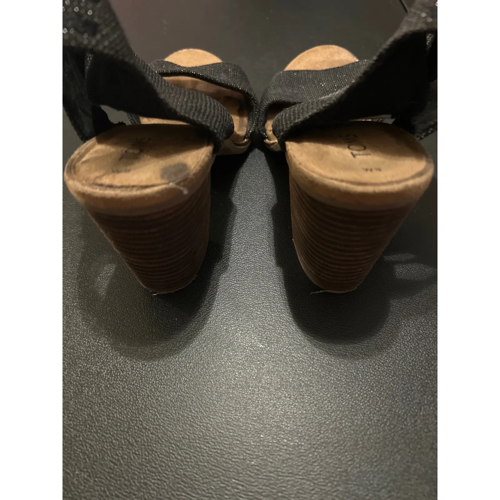 TOMS‎ Black Sparkle Ankle Strap Wedge Heels Sandals Shoes - Image 3