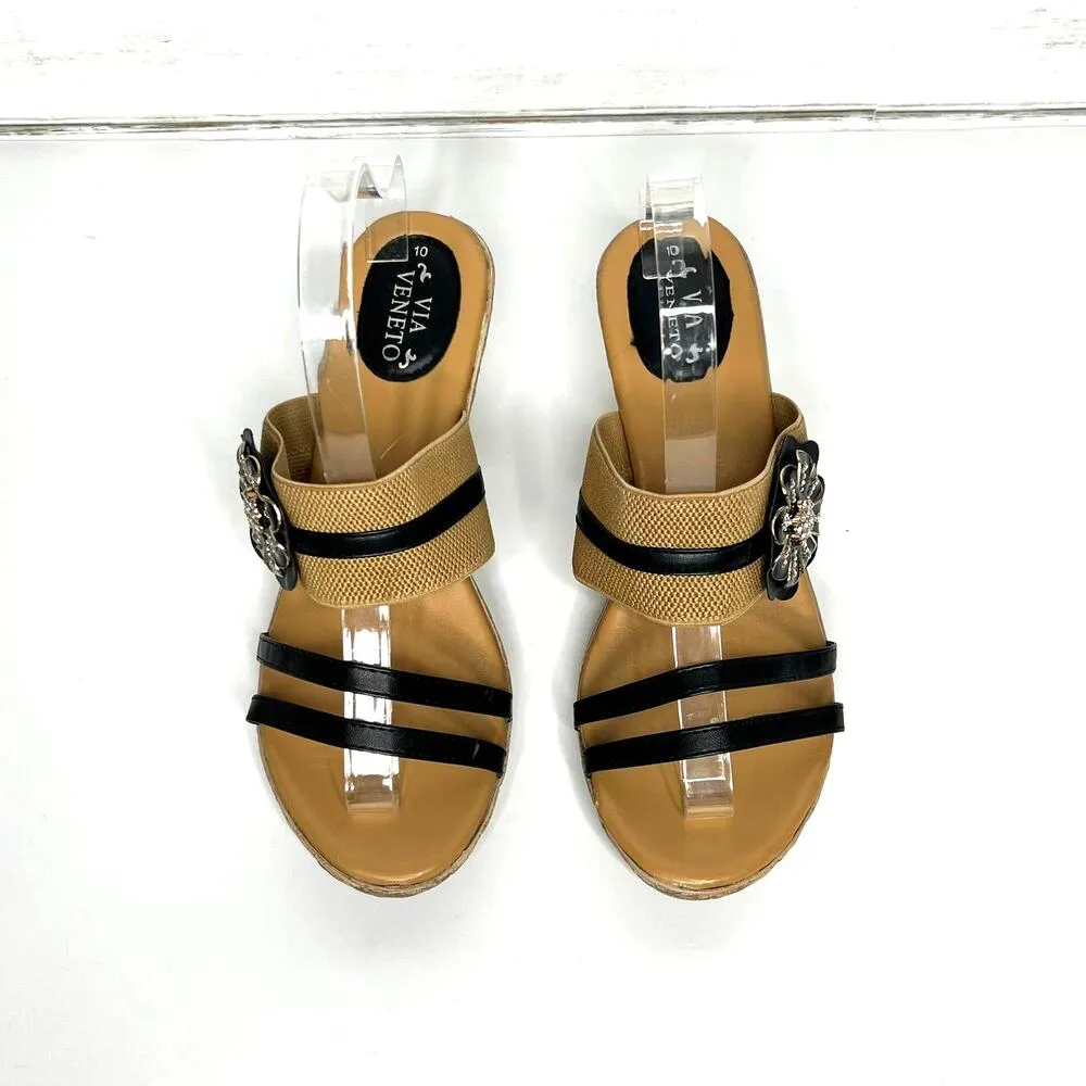 Via Veneto Slip On Wedge Sandals Tan Black Flower Size 10 - Image 5