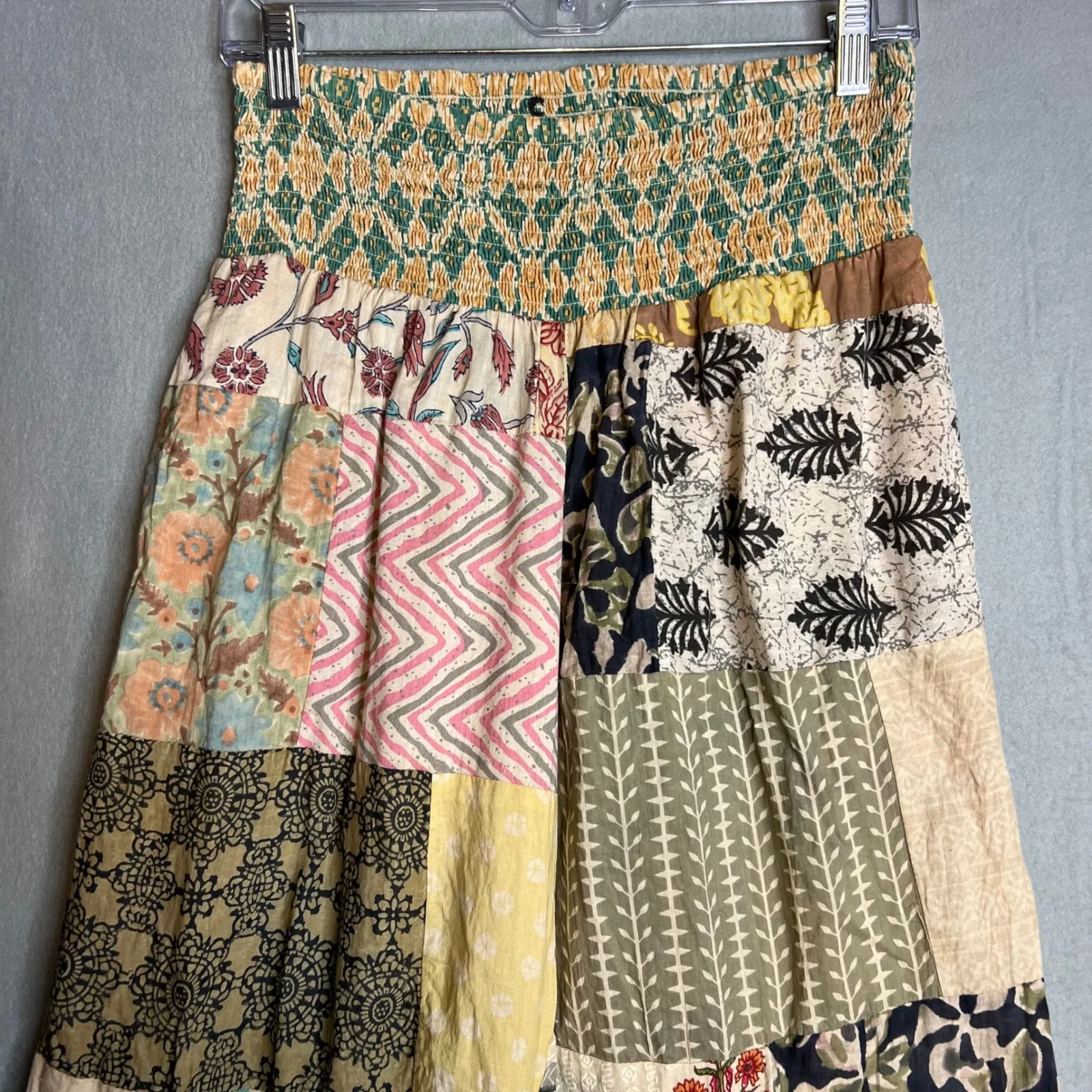 Bohemian Patchwork Wide Leg Pants Size S Smocked Waist Boho Festival Hippie Tan - Image 2