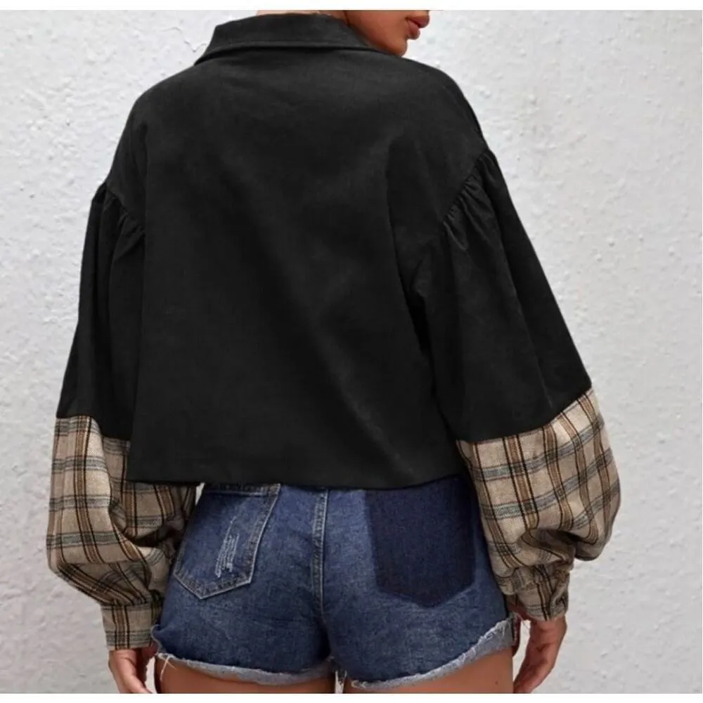 SHEIN Tartan Panel Corduroy‎ Crop Shacket Size Medium - Image 4