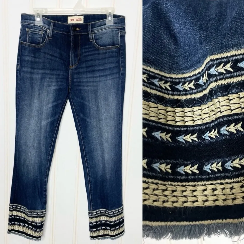 DRIFTWOOD Colette Cropped Jeans with Embroidered Hem Sz 28 - Image 2
