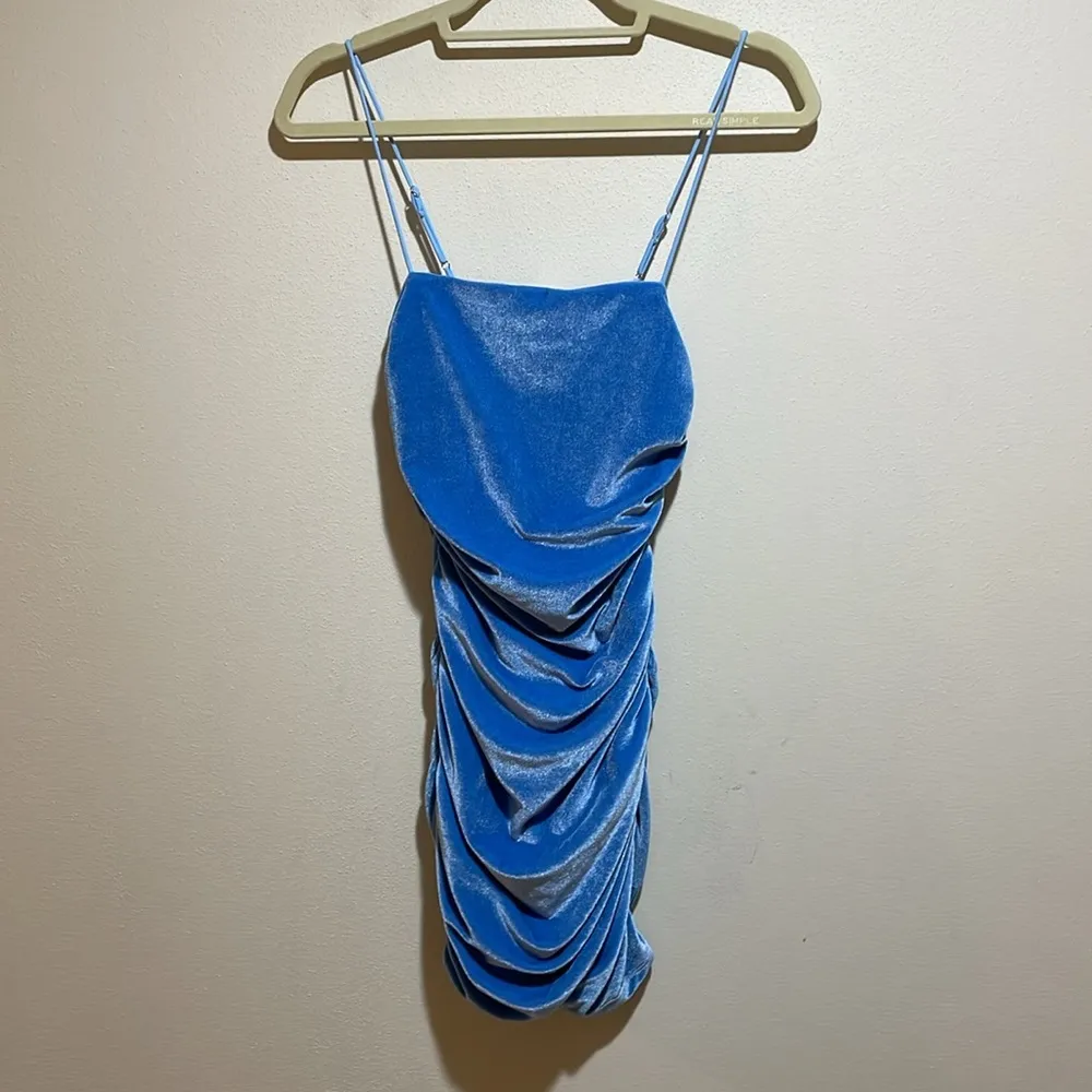 Ruched Velvet Glitter Mini Dress Daydreamer Blue Size Small - Image 2
