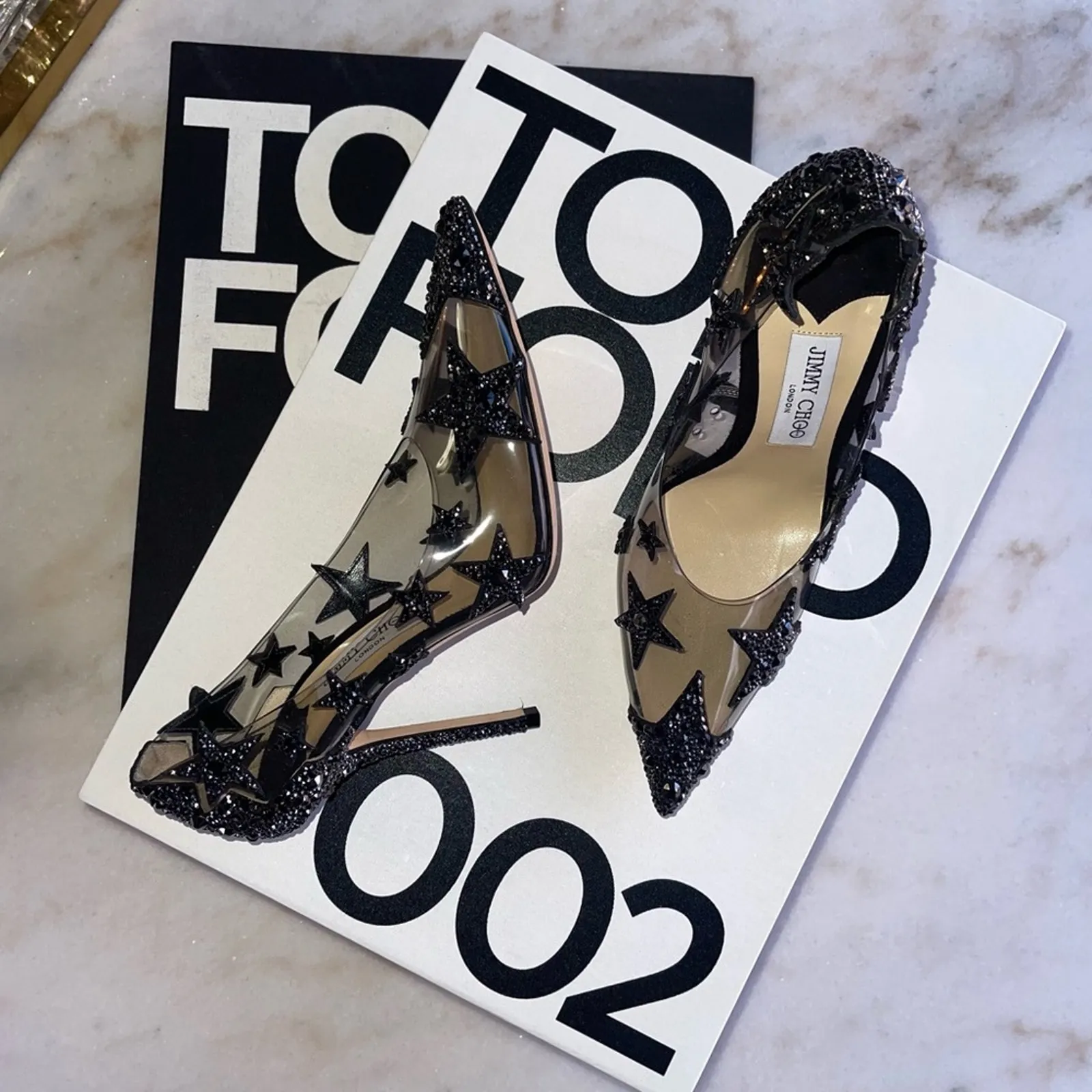 New Jimmy Choo Lisha 100 Black Smoke Mix Plexi Star Patchwork Pumps w Crystals - Image 4