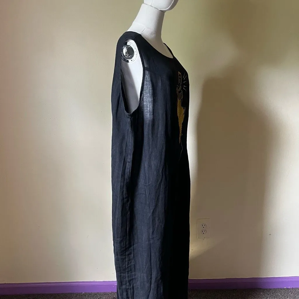 Vintage Mosato Linen Maxi Dress‎ 3X Black Gold Embroidered Abstract Woman Art - Image 3
