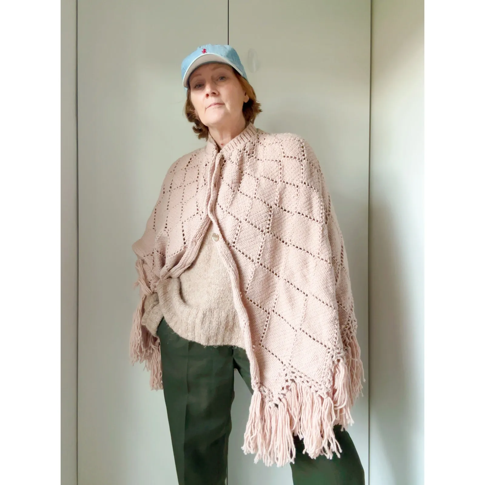Vintage Hand Knit Poncho in Blush Pink S - Image 6