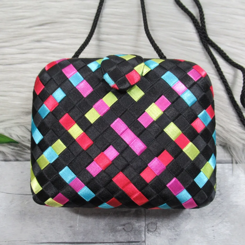 GENIE Vintage Woven Satin Ribbon Hard Box Mini Purse Black - Image 2