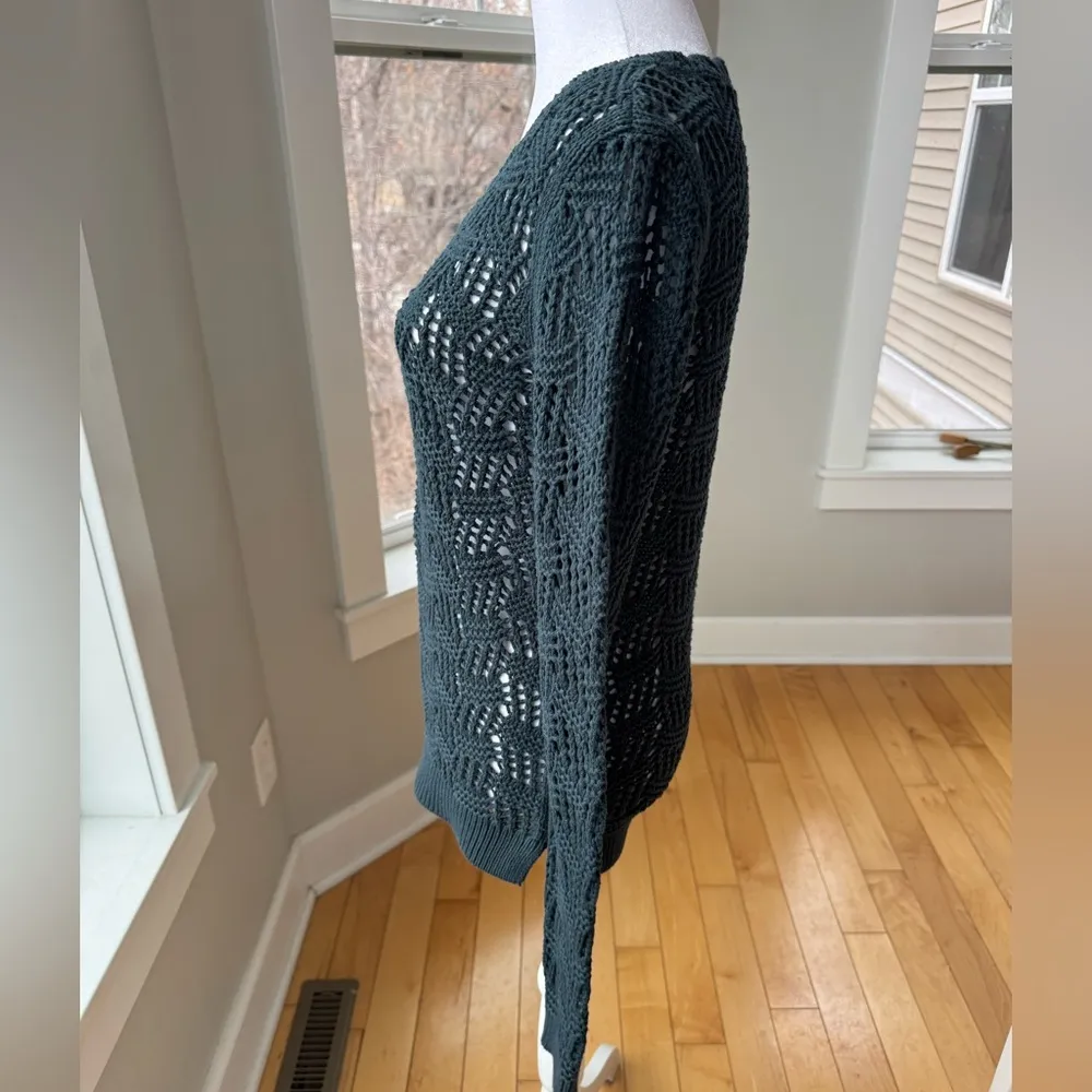 LOFT Dark Teal Green Crochet Cotton Crewneck Sweater w Scalloped Detail Sz XS - Image 2