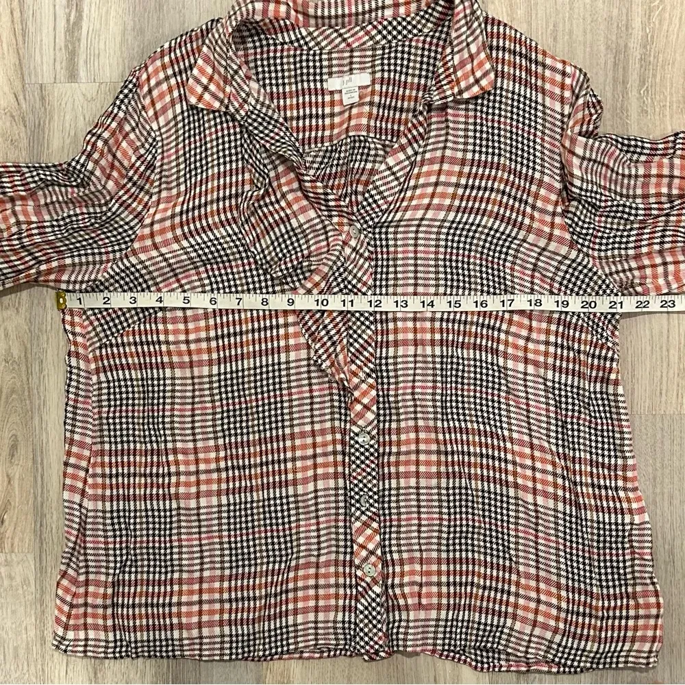 J Jill Plaid Pearl Button Up Shirt Long Sleeve Ruffle Tunic Top Size Petite L Pink Size L - Image 3