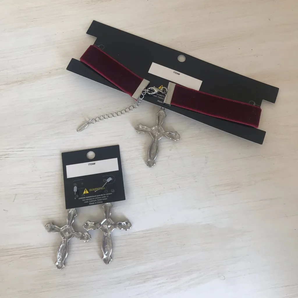 Widow  Cross Statement Earrings and Velvet Choker Necklace Set - Image 6
