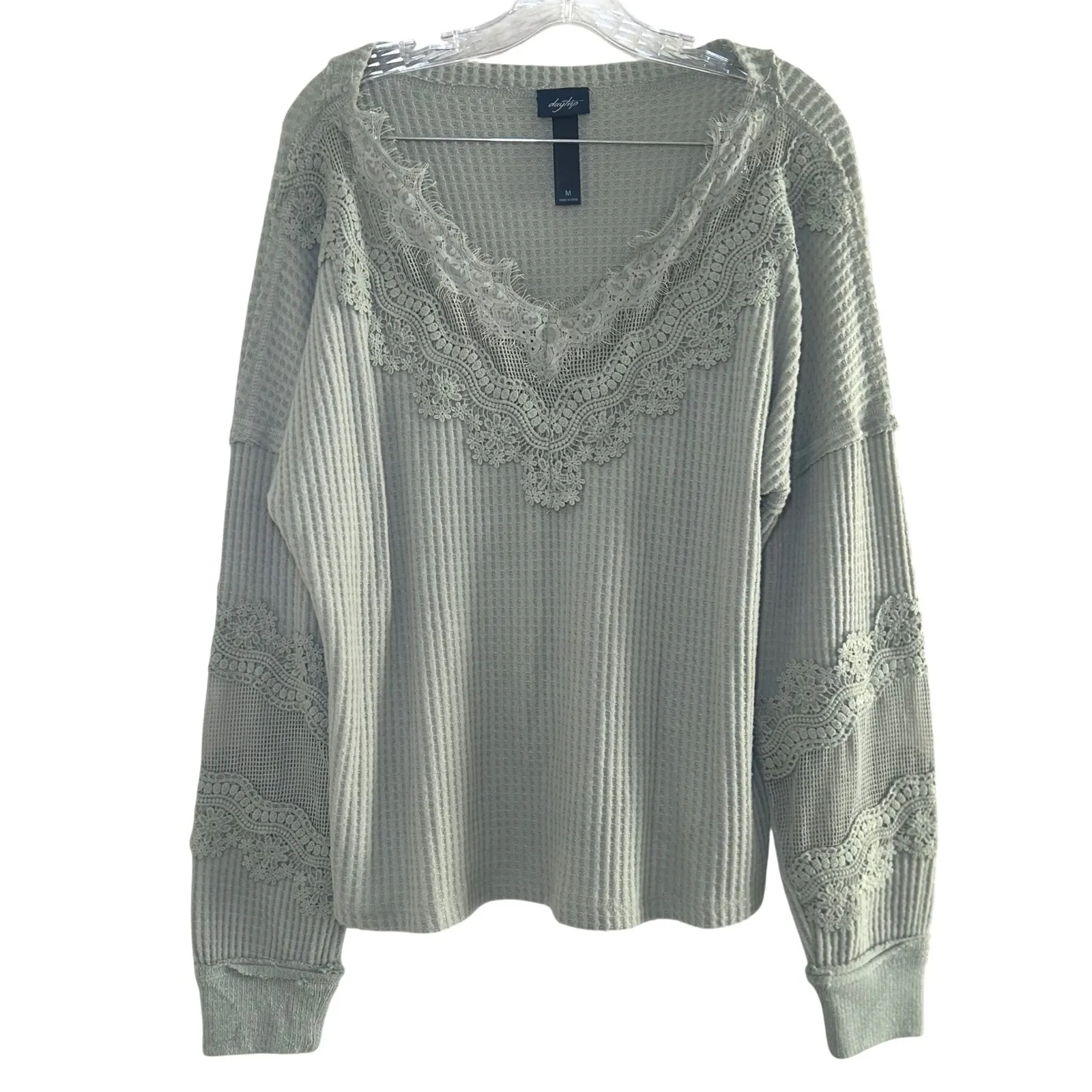 Daytrip Sage Green Lace Trim Waffle Knit Top Women's Medium boho cottage dainty - Image 2