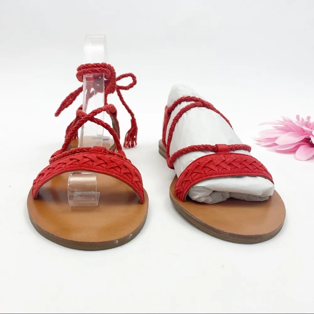 Frye Ruth Suede Leather Whipstich Gladiator Ankle Wrap Sandals Flats: Red - Image 6