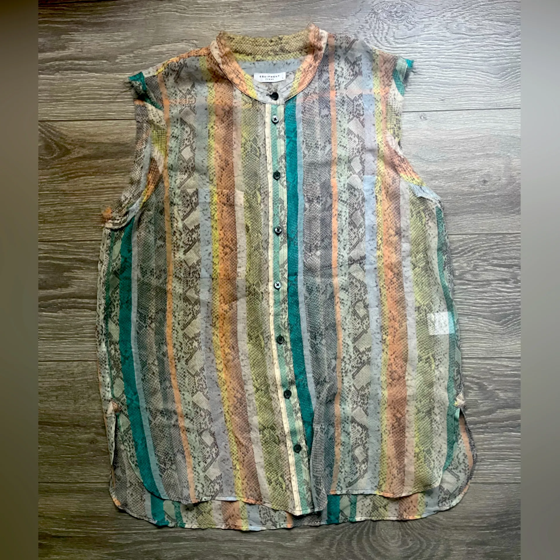 Equipment Femme Pastel Gray Snakeskin Sheer Raw Hem Tunic Button Down Top Size L - Image 1