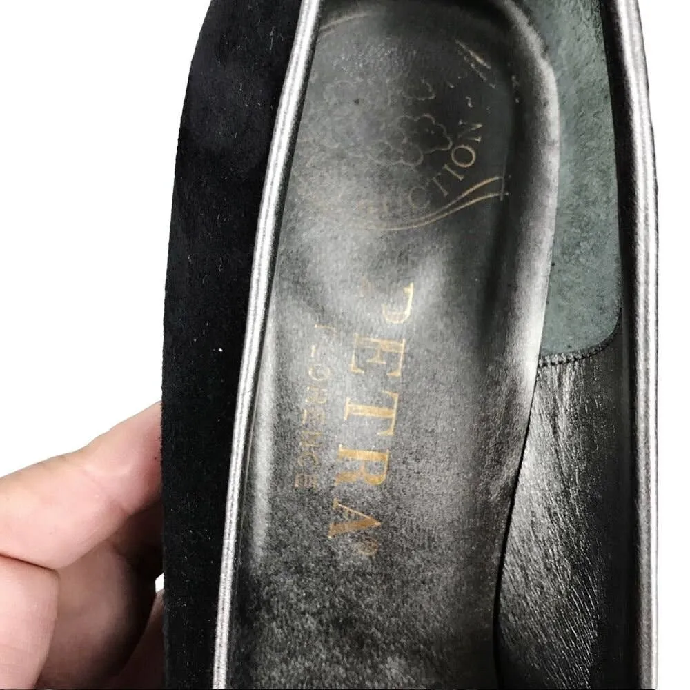 PETRA Black Pumps Suede Silver Leather Trim Cone Heels Almond Toe Italy 7.5 EUC - Image 8