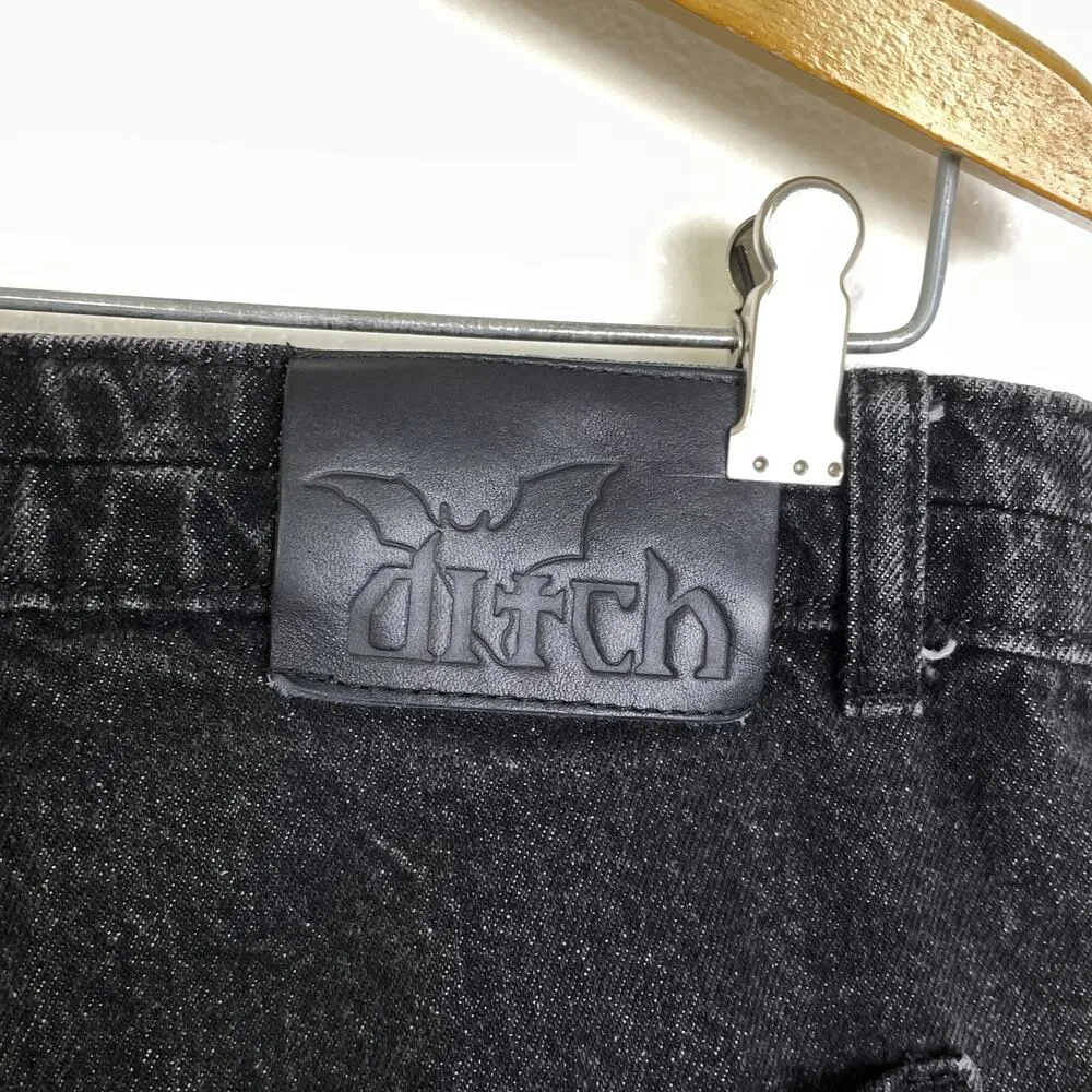 Ditch LA Jeans Womens Medium Black Flare Bat Print Distressed Denim Goth Y2K Size 30 - Image 8