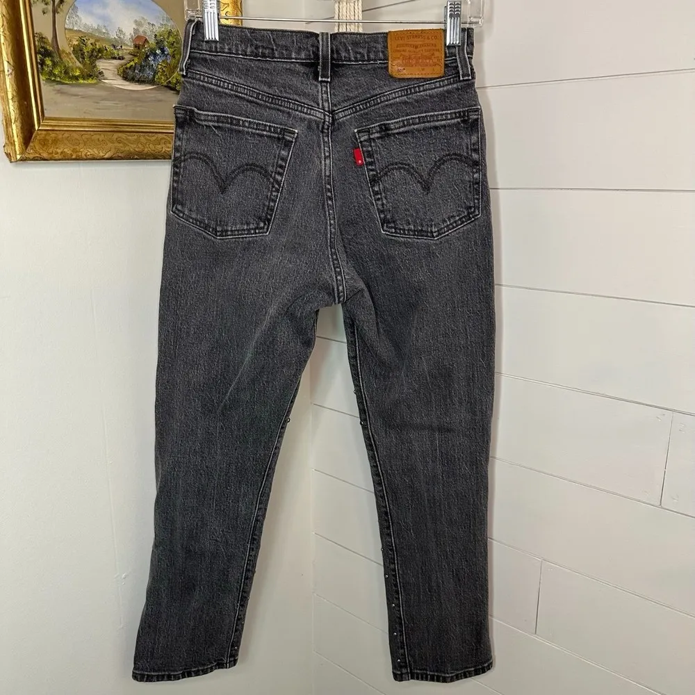 Levi's Premium 501 Original Cropped Jeans Studded Embellished Black Wash Size 25 - Image 6