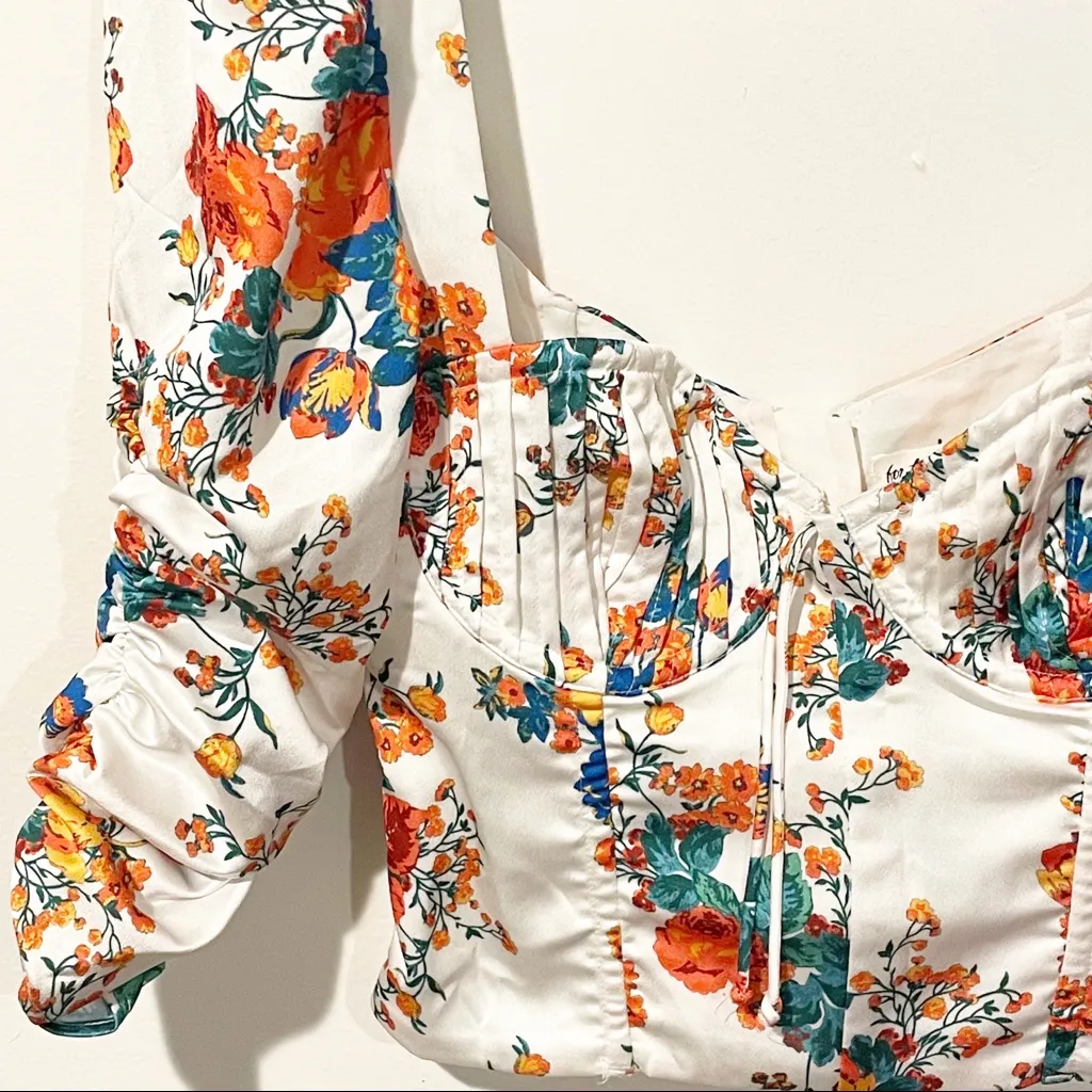 For Love and Lemons‎ XXS White Floral Puff Sleeves Smocked Brandy Zip Back Top - Image 3