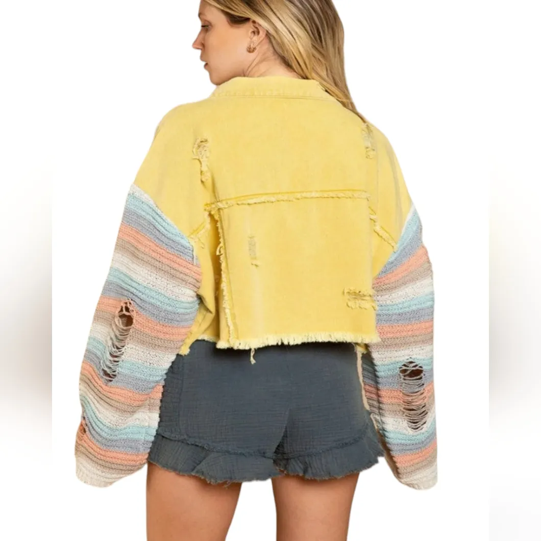 NWOT POL Dandelion Yellow Striped Sleeve Cropped Jacket sz M - Image 2