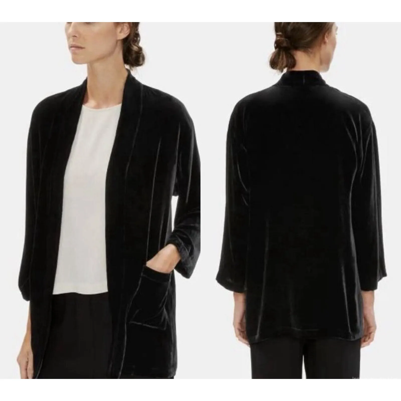 EILEEN FISHER Black Velvet Open Front Cardigan Jacket 1X Women Rayon Silk - Image 2