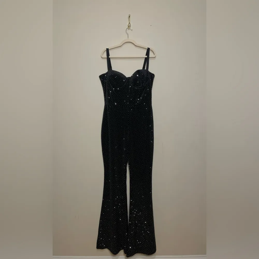 NADINE MERABI Roxanne Crystal Velvet Flare Leg Jumpsuit Black Size XL - Image 6