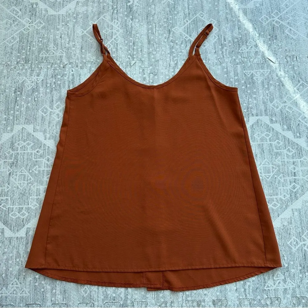 Burnt Orange Button Front Top Tortoise Shell Scoop Back Size S Minimalist Staple - Image 9