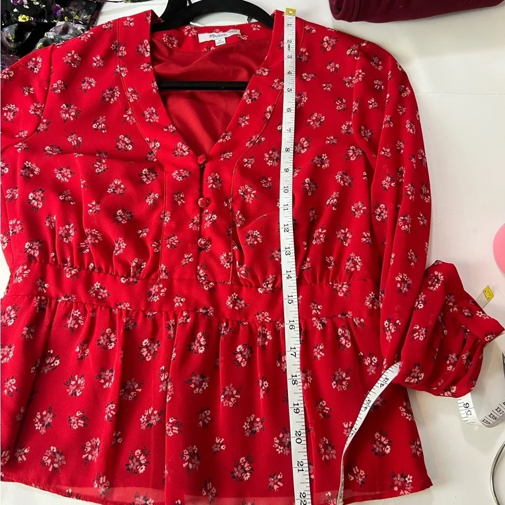 Madewell Floral Print Peplum Blouse Long Sleeve V Neck Red Top XS Romantic Class - Image 10