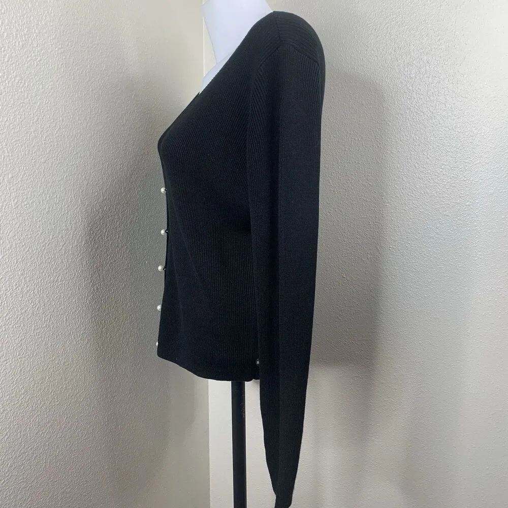 Women’s Black Melange Pearl Button V-neck Cardigan Sweater Sz L - Image 4