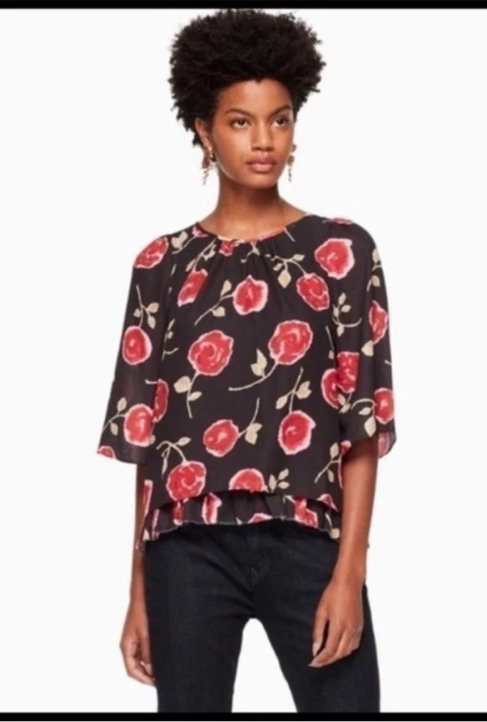Kate Spade Small Black, Red, Pink Hazy Rose Layered Bell Sleeve Blouse Top - Image 6