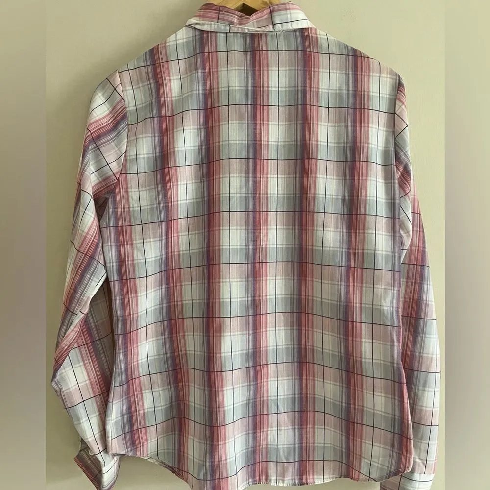 Vintage Shirt Accent Plaid Blouse Pink Gray White Sheer Button Up Top 36 Purple - Image 8