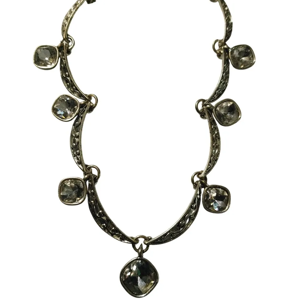 Crown Trifari Crystal Pave Necklace Vintage Silver Tone Filigree Clear Cushion - Image 5