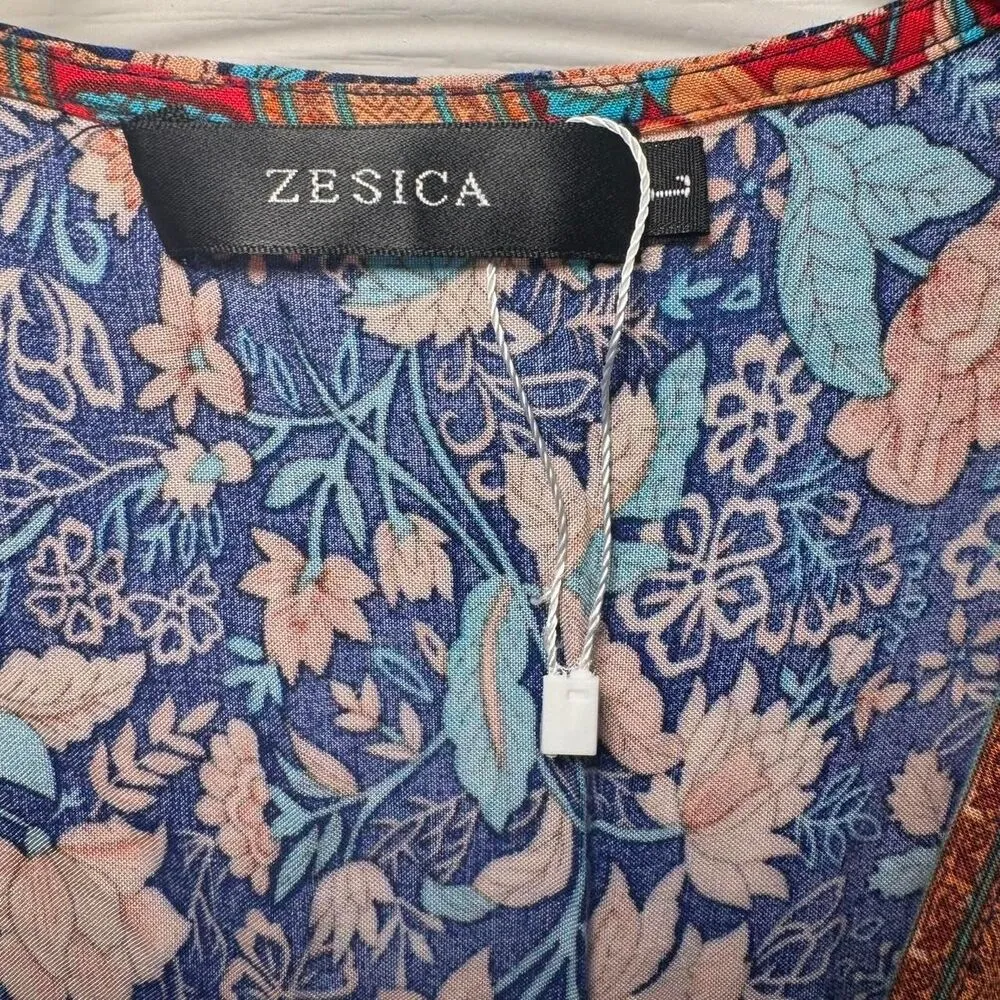 Zesica Women's Floral Short Sleeve Boho Cottage Core Wrap Dress Sz Large Blue - Image 4