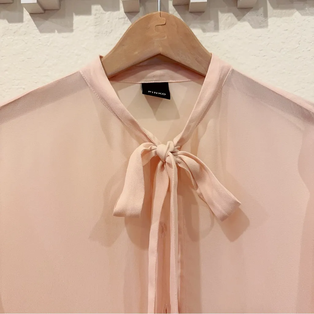 Pinko Peachy Sheer Long Sleeve Button Down Blouse Top with Tie Size 44/L NWT Pink - Image 2