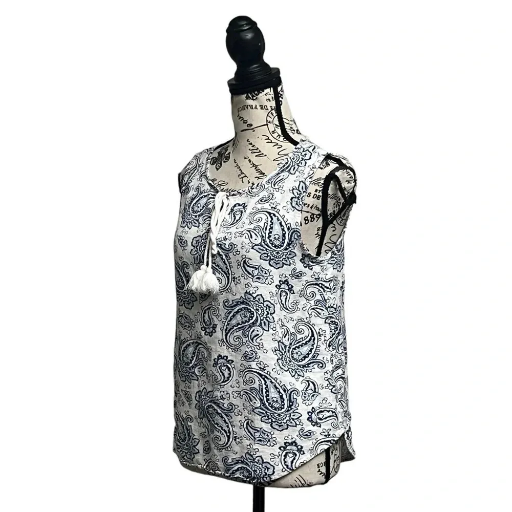 Larry levine Paisley Linen Blouse Women’s Hippie Boho Modest Mature Beach Boxy M White Size M - Image 2