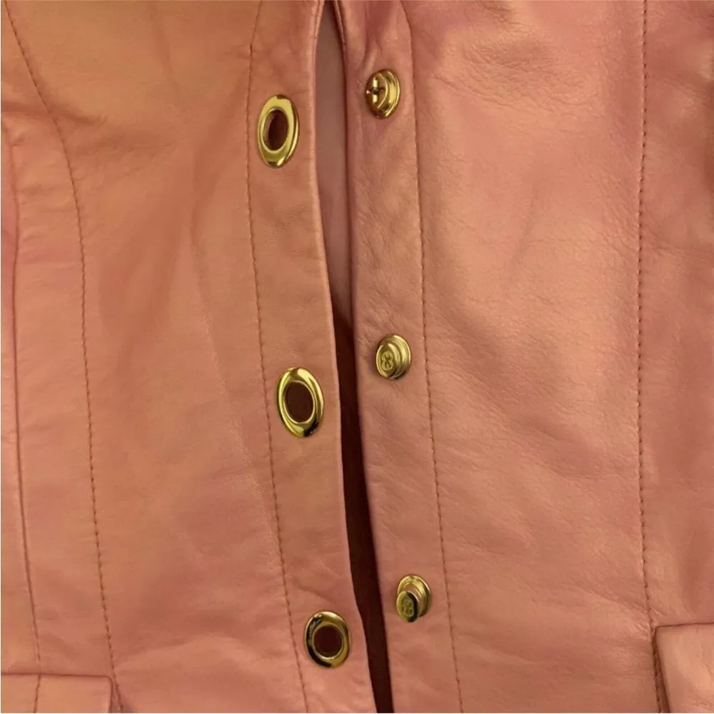 Vintage 90s Y2K Escada Leather Jacket Metallic Light Bubblegum Pink Cropped Moto - Image 7