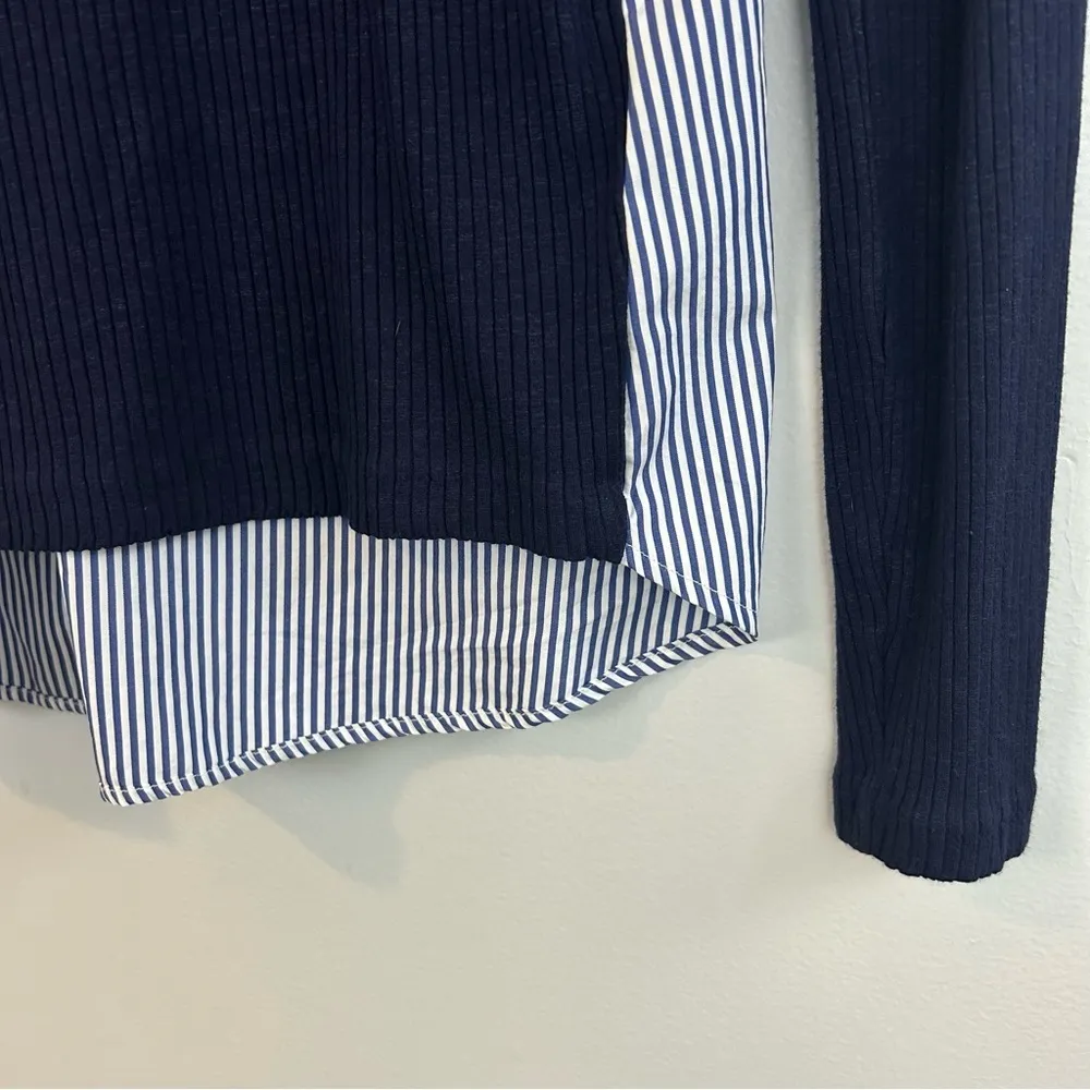 Sandro Blue Striped Knit Mixed Fabric Long Sleeve Top Size Large - Image 5