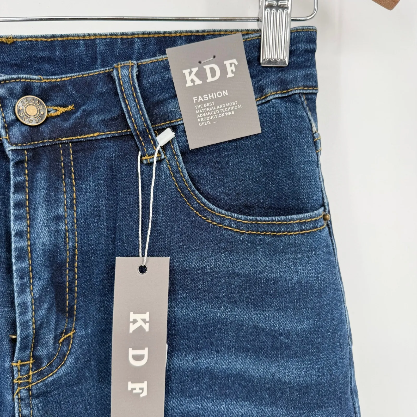 KDF Fashion Women's Size 4 Dark Wash Straight Leg Jeans Distressed Blue - Image 4