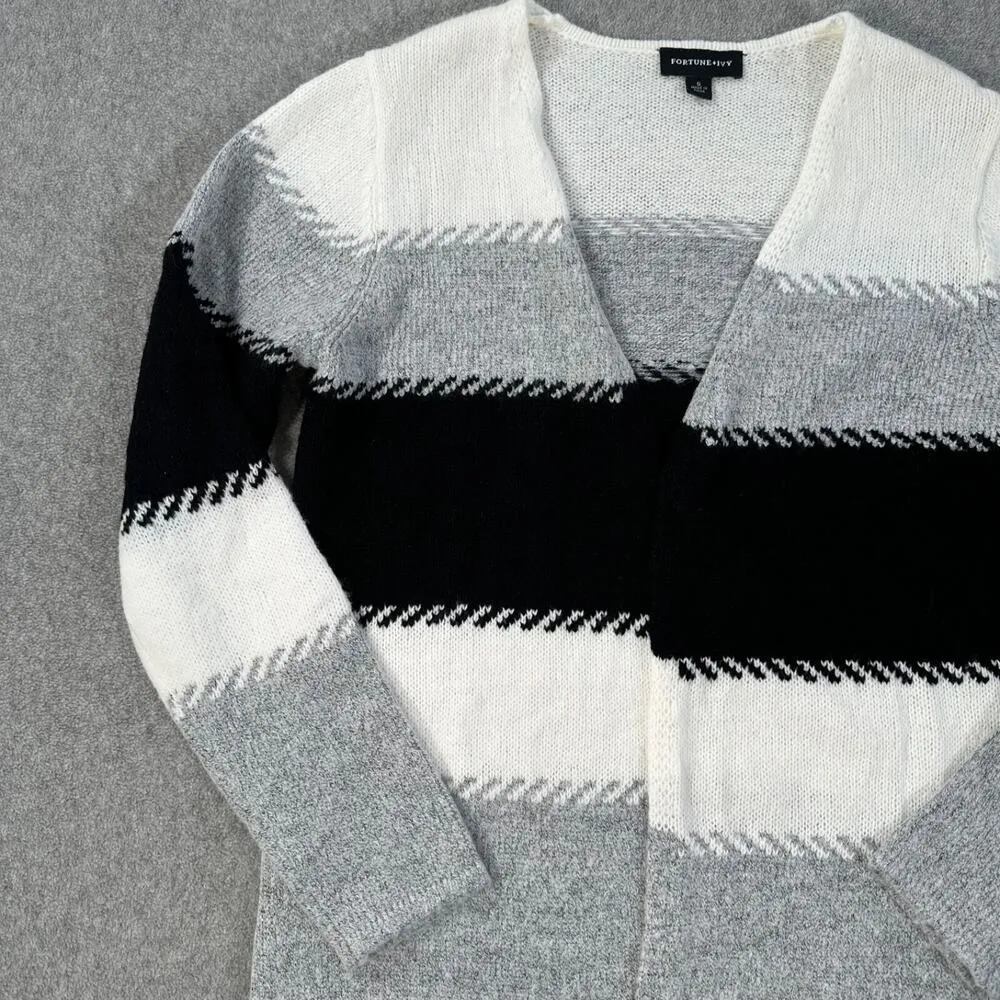 Fortune + Ivy Colorblock Stripe Open Front Cardigan Women’s Small Gray Black - Image 2