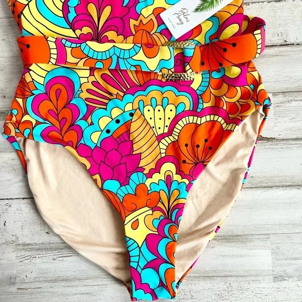 Palms Away Belted One Piece Swimsuit Vibrant Abstract Floral Print Size XS Blue - Image 4