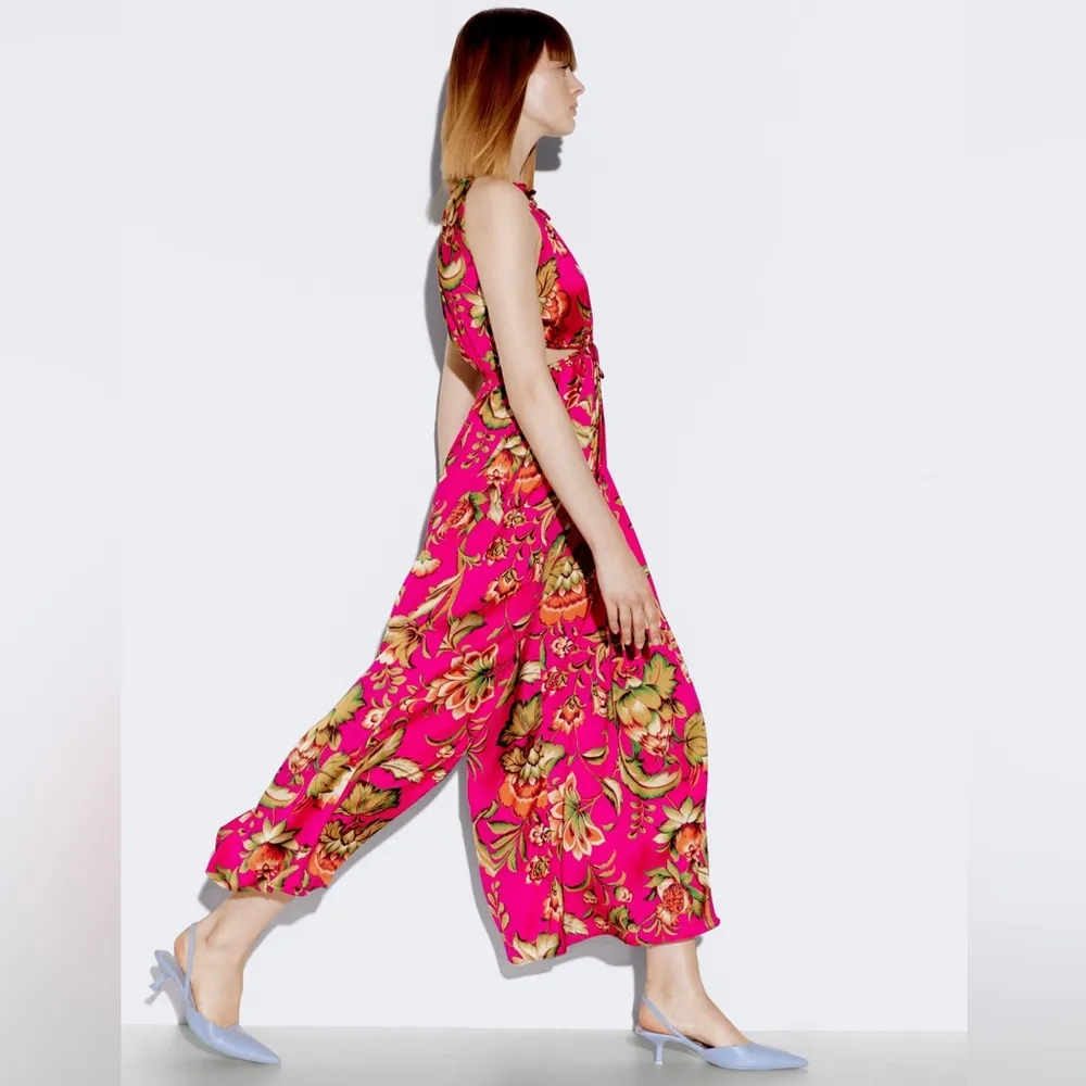 Zara Hawaiian Print CUT OUT Satin Flowy Wide Leg JUMPSUIT Halter Pink Multi NEW - Image 9