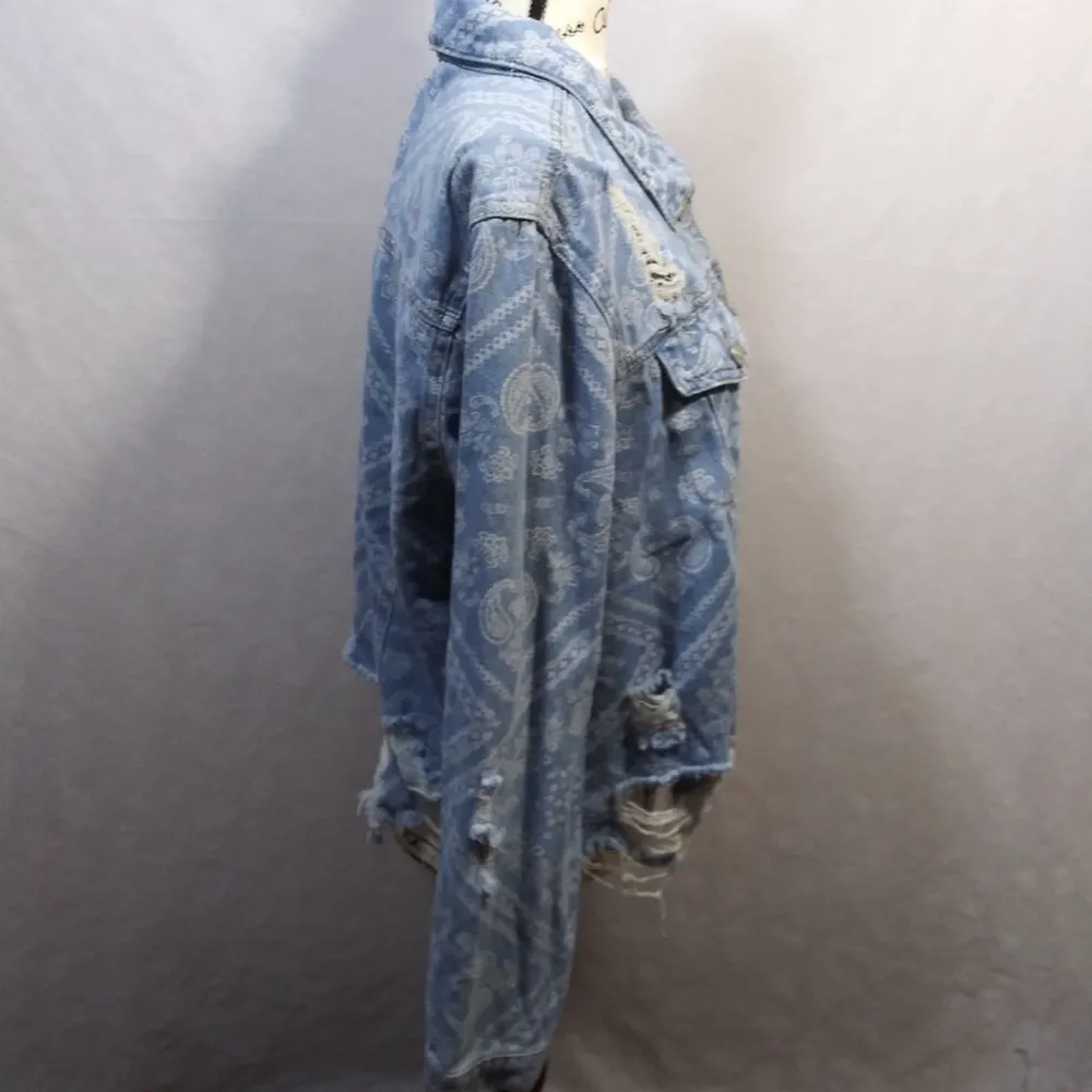 ONE5ONE Denim Paisley Heavily Distressed Ripped Jean Jacket Size 2X NWT - Image 5