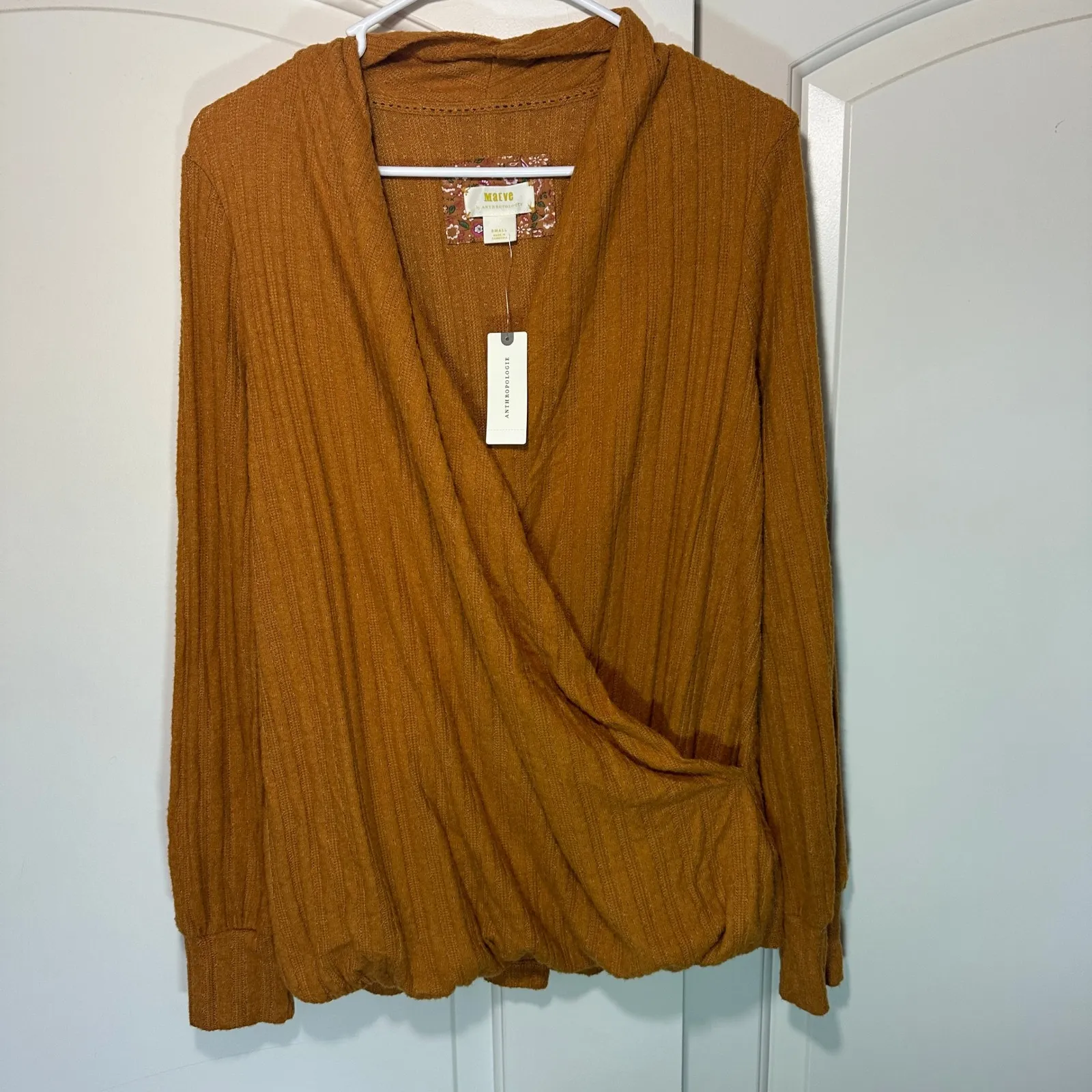 Anthropologie Maeve Wrap Rafela Hacci‎ Surplice Long Sleeve Ribbed Knit Top  S - Image 2