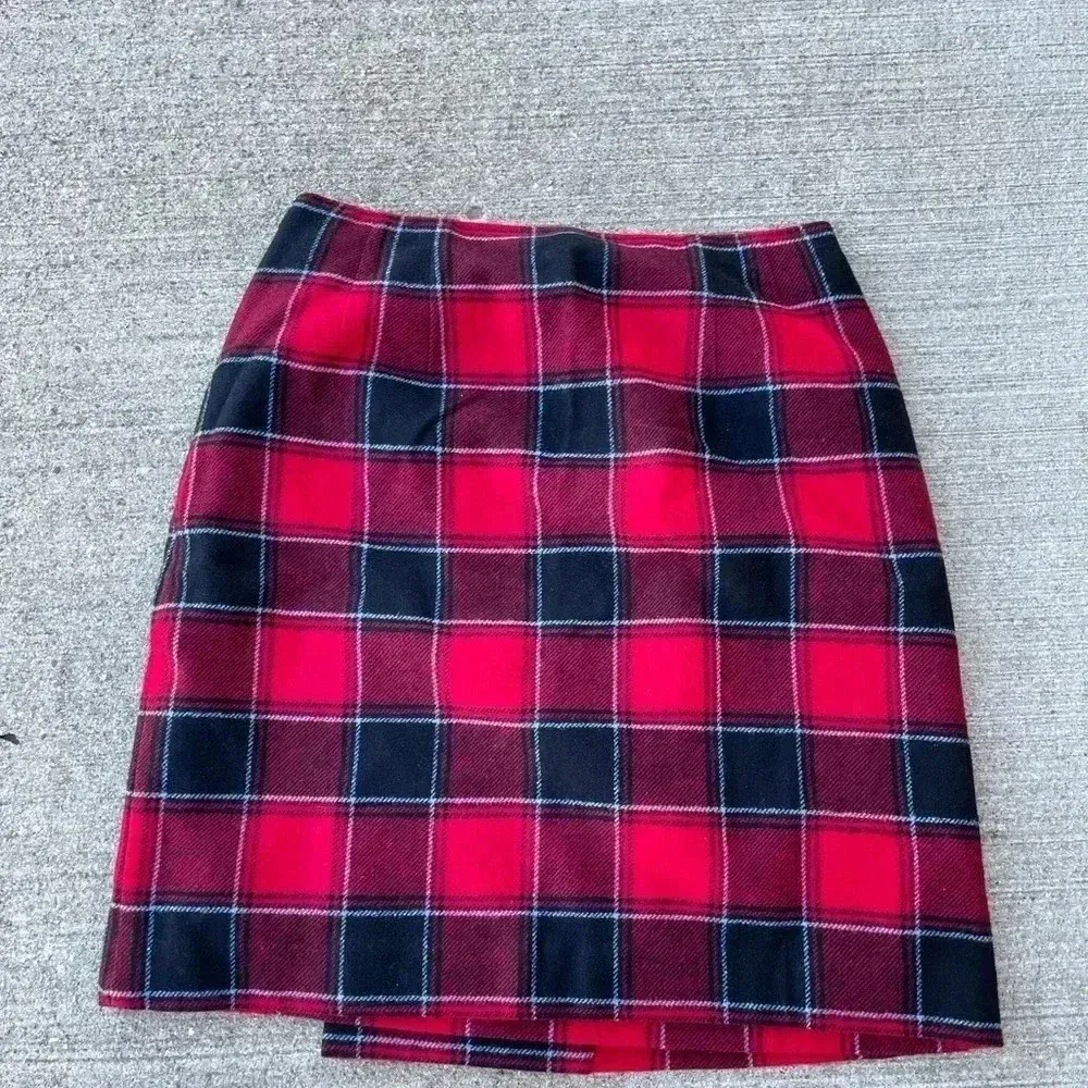 Talbots size 6 wool lined red plaid faux wrap skirt tartan holiday winter - Image 4