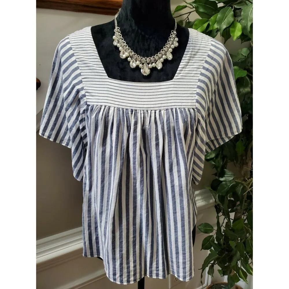 Madewell Women's White & Blue Cotton Square Neck Short Sleeve Blouse Size Small - Image 2