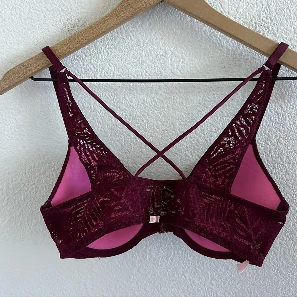 Victoria's Secret PINK Maroon Front Clasp Push-Up Strappy Back Bra 32C - Image 2