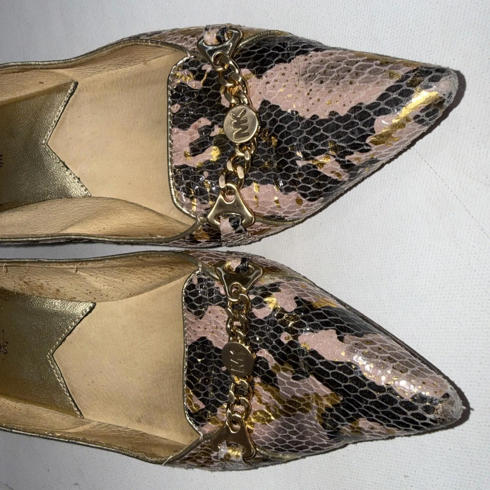 Michael Kors Heels Snake Skin Leather 2" Kitten Heels MK Logo Chain Women's 8M - Image 4