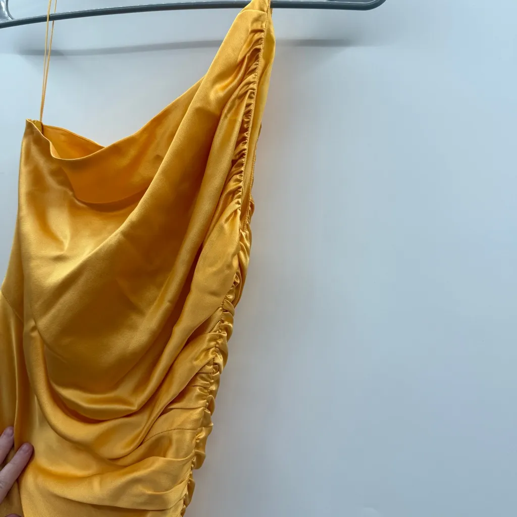 The Sei 100% Silk One Shoulder‎ Ruched Mini Dress in Yolk Yellow Orange Sz 0 NEW - Image 4