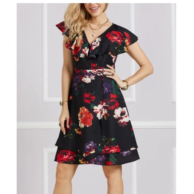 Suzanne Betro Floral Ruffle Collar Surplice Dress‎ Black & Red Size 3X - Image 2